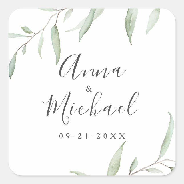 Minimal greenery rustic wedding favour square sticker (Front)