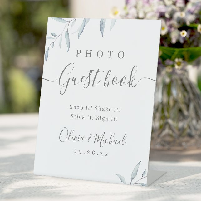 Minimal greenery rustic Wedding Photo Guest Book  Pedestal Sign (Minimal dusty blue greenery rustic Wedding Photo Guest Book Pedestal Sign)