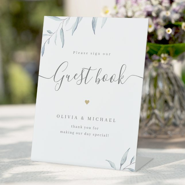 Minimal greenery script rustic Wedding Guest Book Pedestal Sign (Minimal dusty blue greenery script rustic Wedding Guest Book Pedestal Sign)