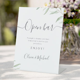 Minimal greenery script rustic Wedding Open Bar Pedestal Sign