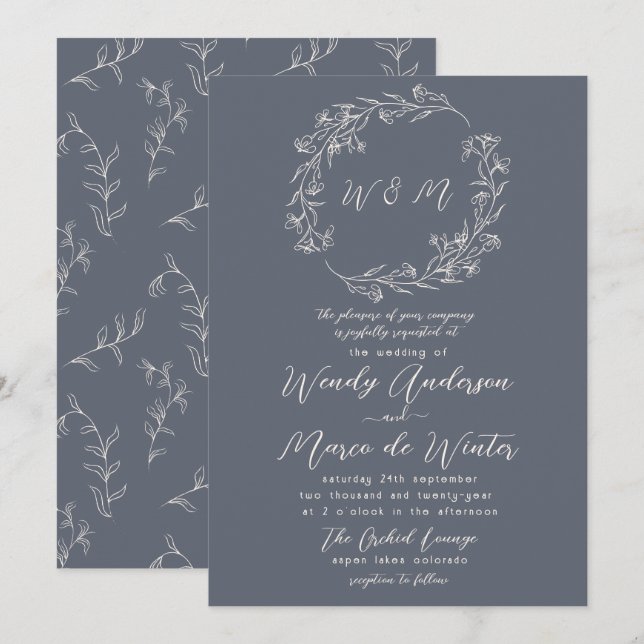 Minimal Grey and Cream Boho Botanical Wedding Invitation (Front/Back)