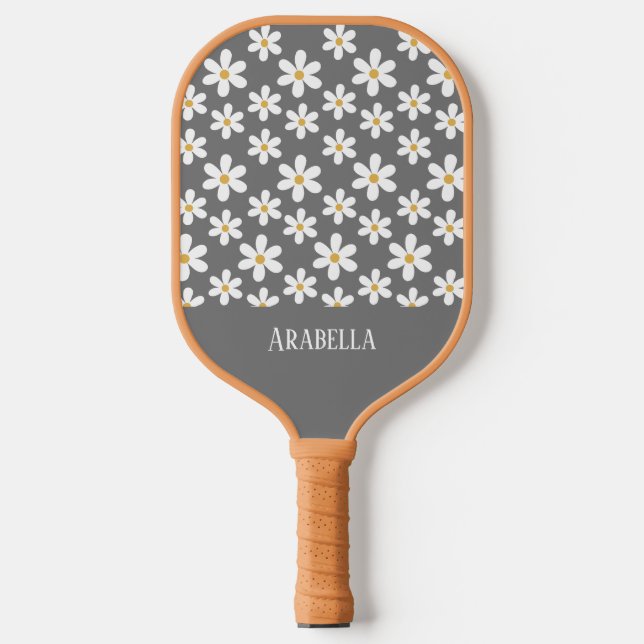 Minimal Grey and White Daisies Personalized Boho Pickleball Paddle (Front)