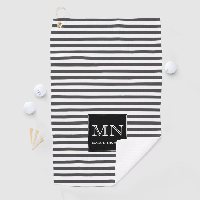 Minimal, Grey and White Striped Monogrammed Golf Towel (InSitu)