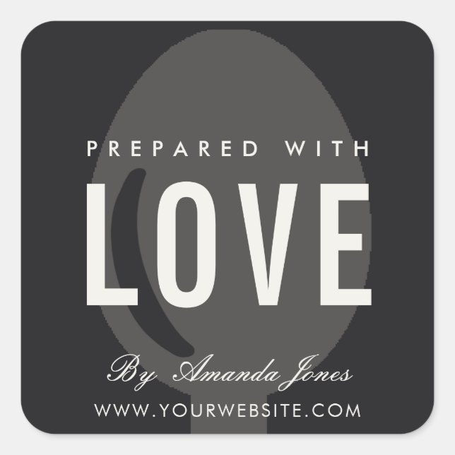 MINIMAL GREY BLACK SPOON CHEF PREPARED WITH LOVE SQUARE STICKER (Front)