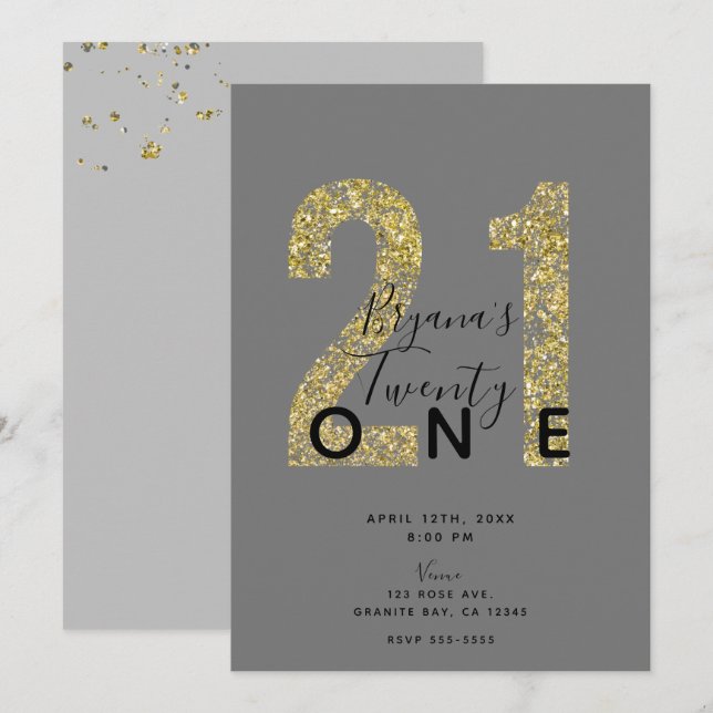Minimal Grey Gold Flakes 21 Glitter 21st Birthday  Invitation (Front/Back)