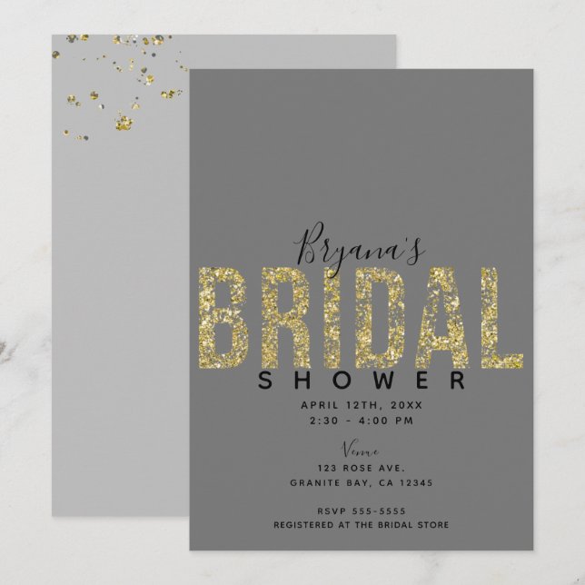 Minimal Grey Gold Flakes Glitter Bridal Shower Inv Invitation (Front/Back)