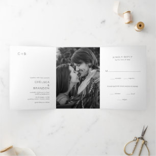 Minimal Grey Monogram Photo Modern Wedding Tri-Fold Invitation