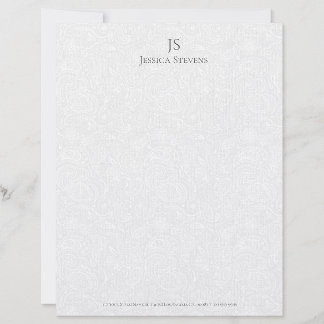 Minimal Grey Monogram Plush White Damask Pattern Letterhead (Front)