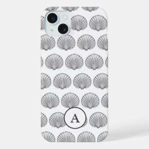 Minimal Grey Monogramed Seashell Pattern iPhone 15 Plus Case