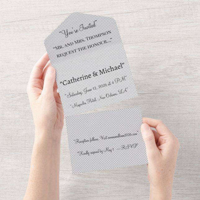 Minimal Grey Polka Dot Wedding Invite| All In One Invitation (Tearaway)