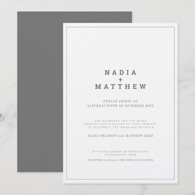 Minimal grey white vertical text wedding invitation (Front/Back)