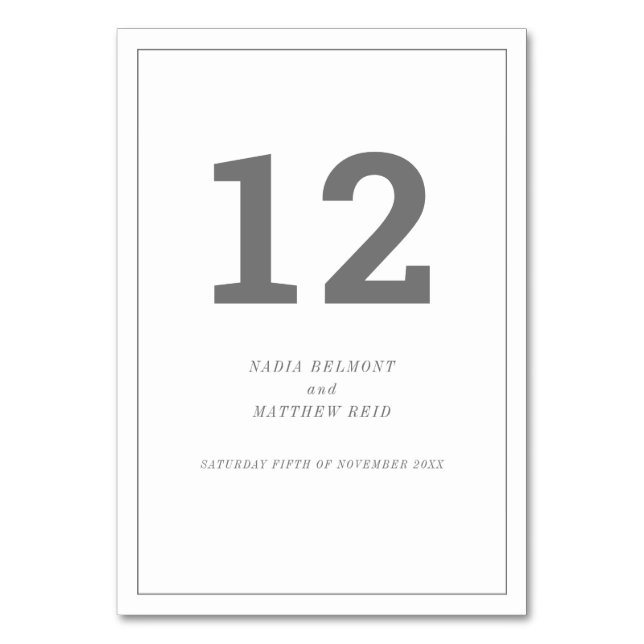 Minimal grey white vertical text wedding or event table number (Front)