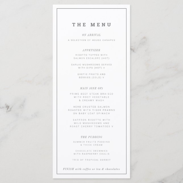 Minimal grey white wedding or event custom long menu (Front)