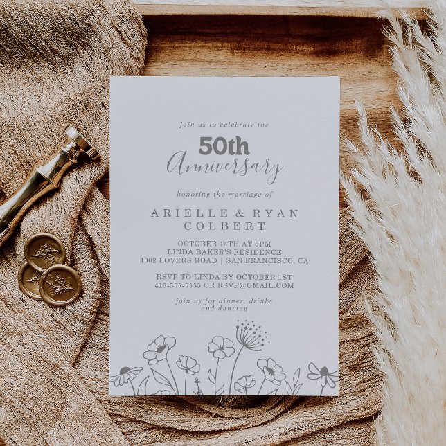 Minimal Grey Wildflower 50th Wedding Anniversary Invitation (Creator Uploaded)