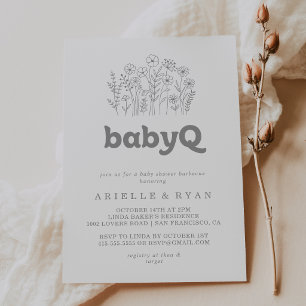 Minimal Grey Wildflower BabyQ Baby Shower Barbecue Invitation