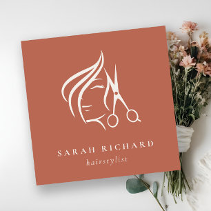 Minimal Hairstylist Terracotta Red Hair Scissor Square Business Card