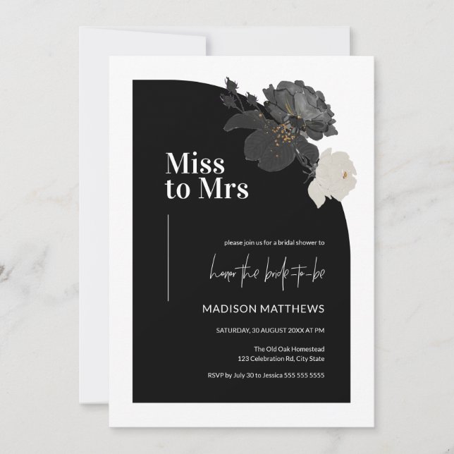 Minimal Half Arch Miss to Mrs Black Floral Bridal  Invitation (Front)
