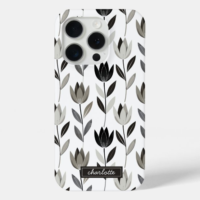 Minimal Hand drawn Boho Tulips Monogram Name Case-Mate iPhone Case (Back)