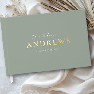 Minimal, Handwriting Script, Gold-Foil, Sage-Green Guest Book