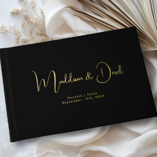 Minimal, Handwriting Script, Rose-Gold-Foil, Black Guest Book