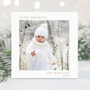 Minimal Happy Holidays Photo White Gold Christmas Holiday Card