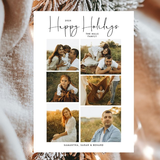 Minimal Happy Holidays Script Family 6 Photos Holiday Card (Creator Uploaded)
