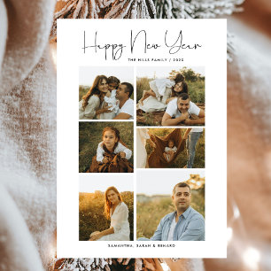 Minimal Happy New Year Script Family 6 Photos Holiday Card