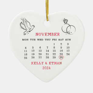 Minimal Heart Calendar Fall Wedding 2024 Ceramic Ornament