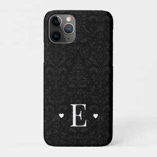Minimal Heart Chic Initial Monogram Black Damask iPhone 11 Pro Case