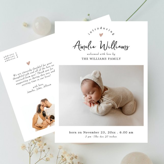 Minimal Heart Elegant 2 Photo Birth Announcement Postcard (Creator Uploaded)