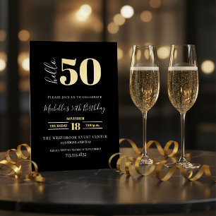 Minimal Hello 50 Script 50th Birthday Black Gold 