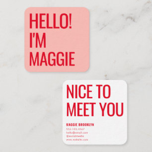 Minimal Hello   Modern Clean Simple Name Red Pink Square Business Card