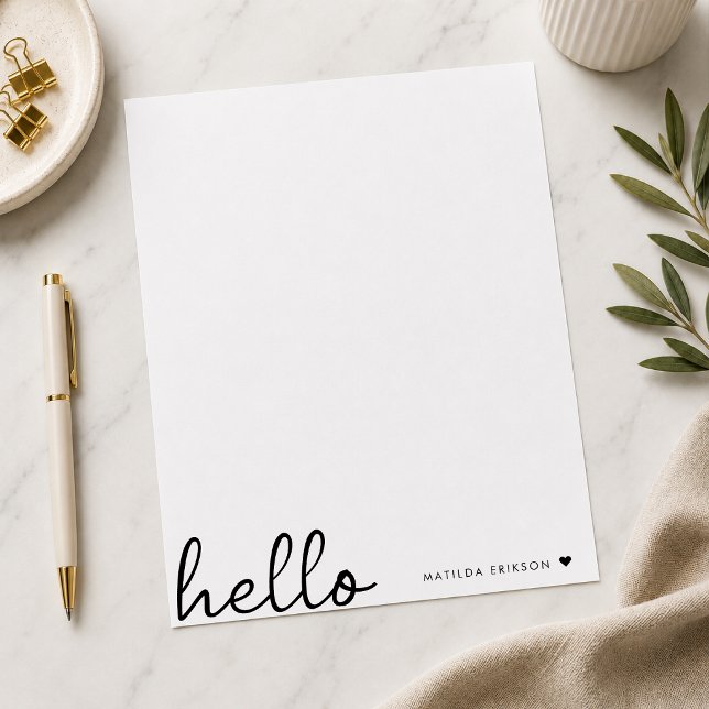 Minimal Hello | Modern Heart Clean Simple White Letterhead (Personalized hello letterhead with custom name detail for notes and thank you letters.)