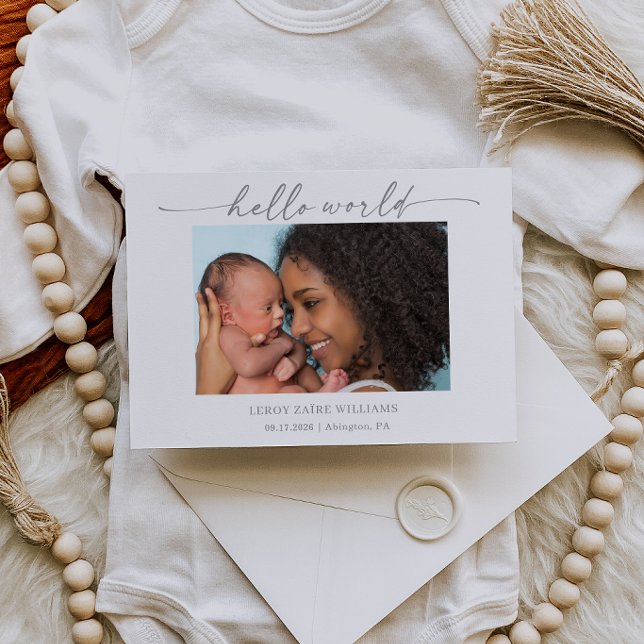 Minimal Hello World Baby Photo Announcement Card (Creator Uploaded)