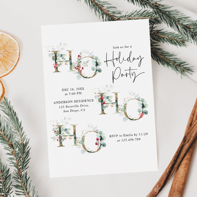 Minimal Ho Ho Ho Greenery Holiday Party Invitation (Creator Uploaded)