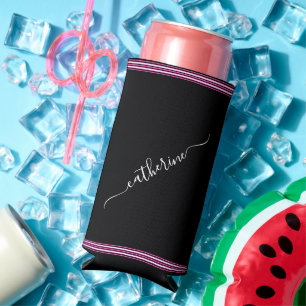 Minimal Hot Pink Black White Cursive Script Name Seltzer Can Cooler