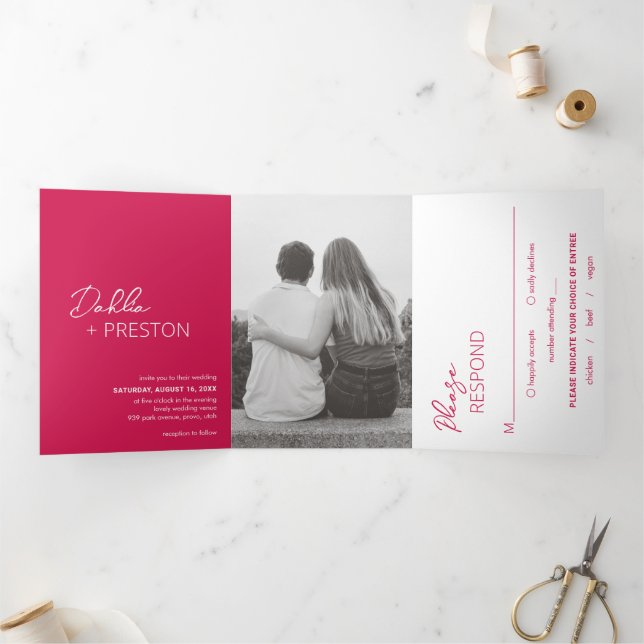 Minimal Hot Pink Photo Modern Wedding Tri-Fold Invitation (Inside)