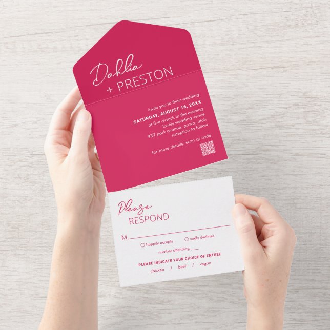 Minimal Hot Pink QR Code Modern Wedding All In One Invitation (Tearaway)