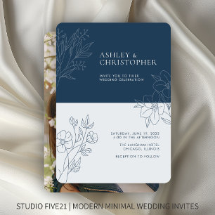 Minimal Indigo Blue Foliage Outline Photo Wedding Invitation