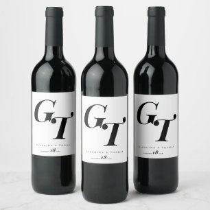 Minimal Initials   Modern Black and White Wedding Wine Label