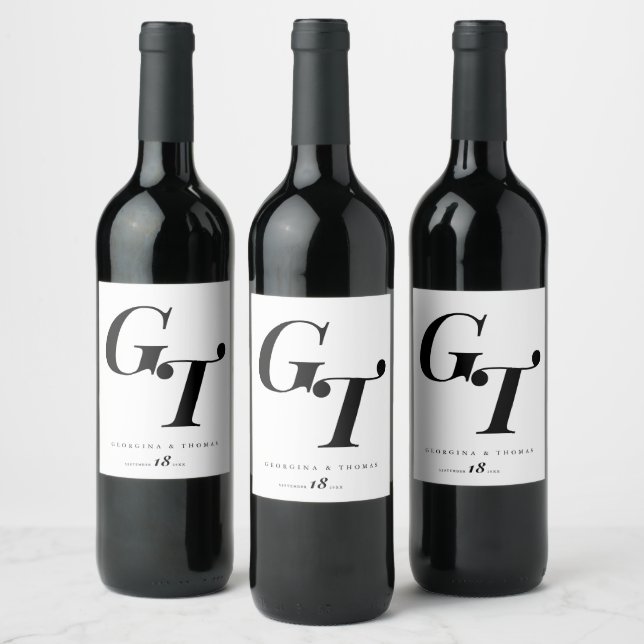 Minimal Initials | Modern Black and White Wedding Wine Label (Bottles)
