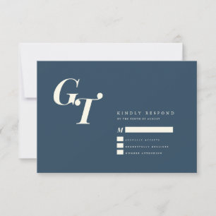 Minimal Initials   Modern Elegant Blue Wedding RSVP Card