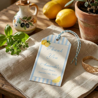Minimal Italian Blue Stripe Lemons bridal Shower Gift Tags