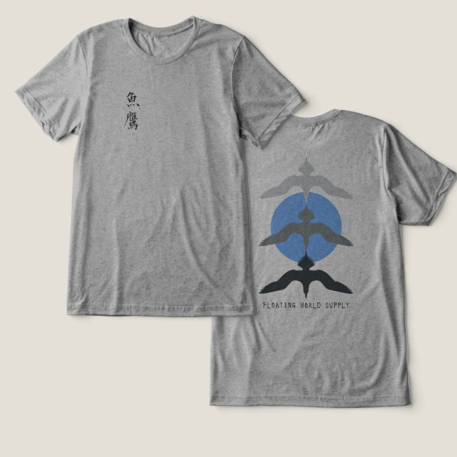 Minimal Japanese Fish Hawk Ukiyo-e Style Grey Tri-Blend Shirt (Design Front & Back)