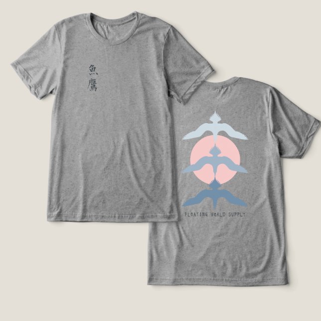 Minimal Japanese Fish Hawk Ukiyo-e Style Grey Tri-Blend Shirt (Design Front & Back)
