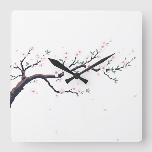 Minimal Japanese Tree Branch Square Wall Clock (Front)