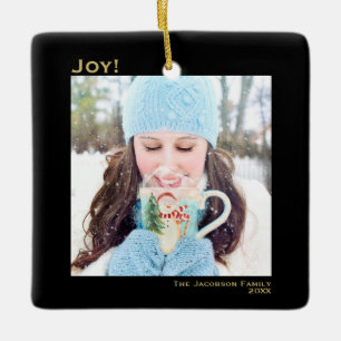 Minimal Joy Simple Christmas Holiday Photo Black Ceramic Ornament