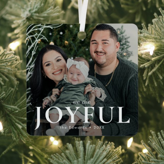 Minimal Joyful Family Photo Christmas  Metal Ornament (Insitu)