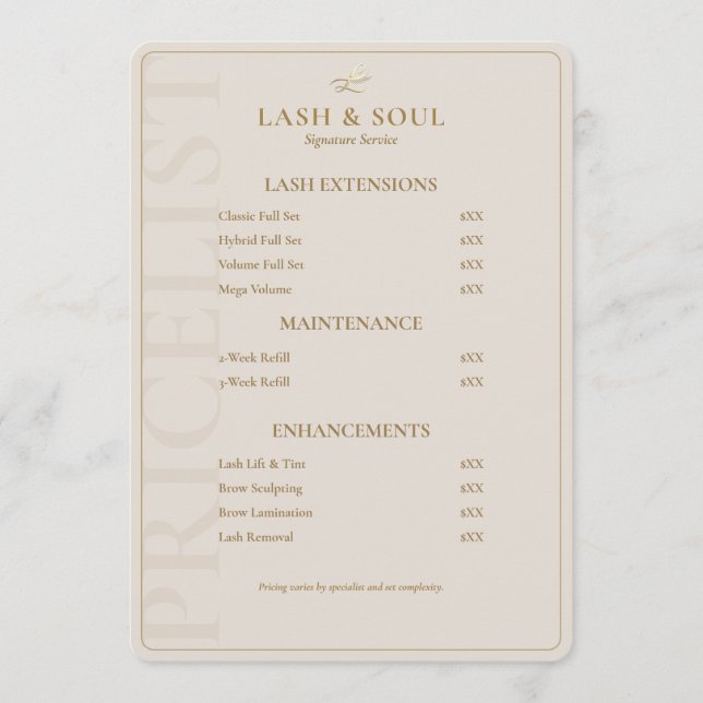 Minimal Lash Tech Sand Brows Artist Price List Menu (Front)