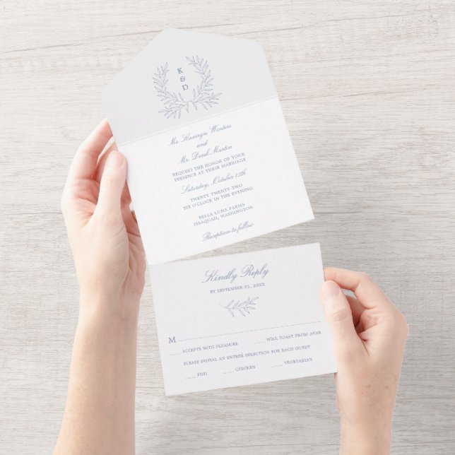 Minimal Laurel Wedding Invitation Blue All in One (Tearaway)